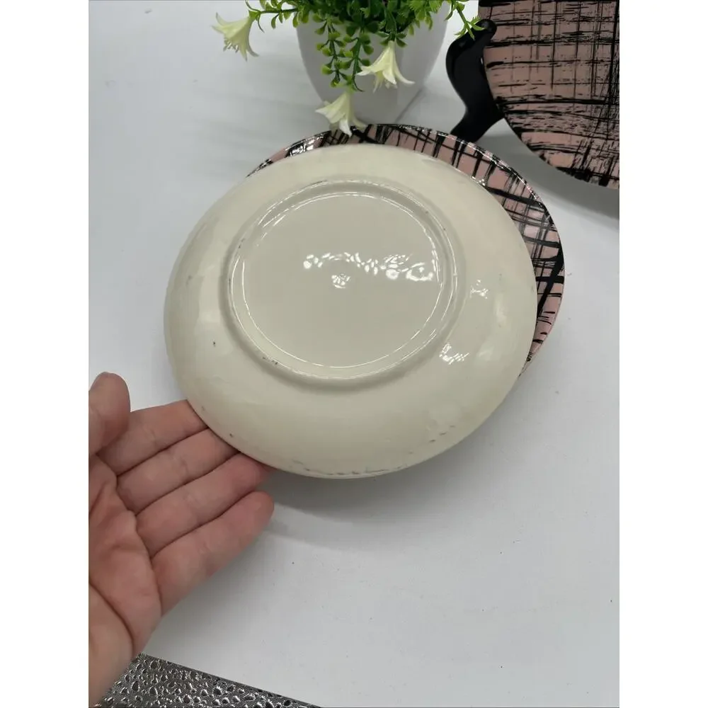 Blue Ridge Hand Painted Plates Set 7 Pink Black Crosshatch 6.5 Inch